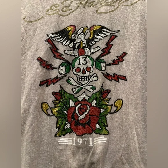 Ed Hardy Y2K vintage tee skull rose red green gold grey casual short sleeve Med - Picture 3 of 9